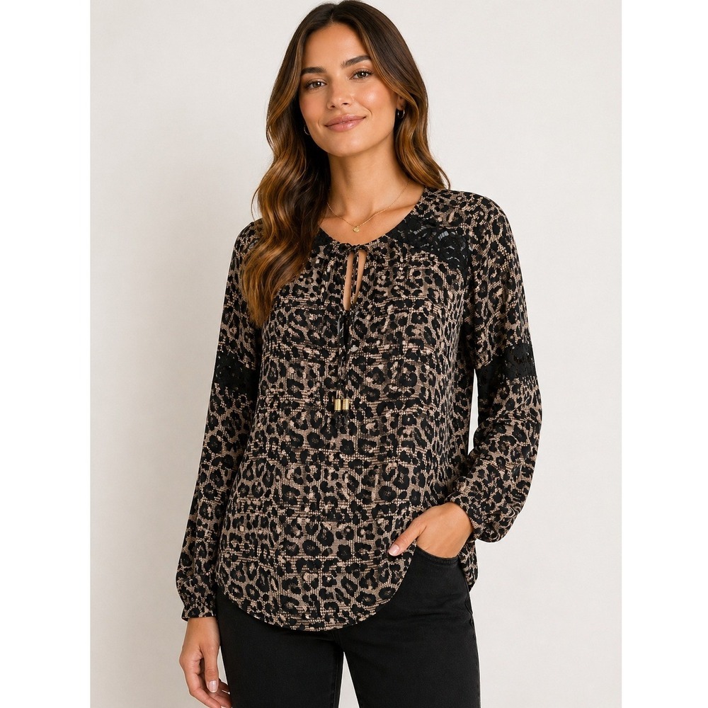 Michael Kors Leopard Lace Blouse Tan Black Boho Y2K Going Out Top Small NWT